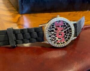 Women's ETC. Watch, Silver Tone with Leopard Print Face, "Love" Printed on Face